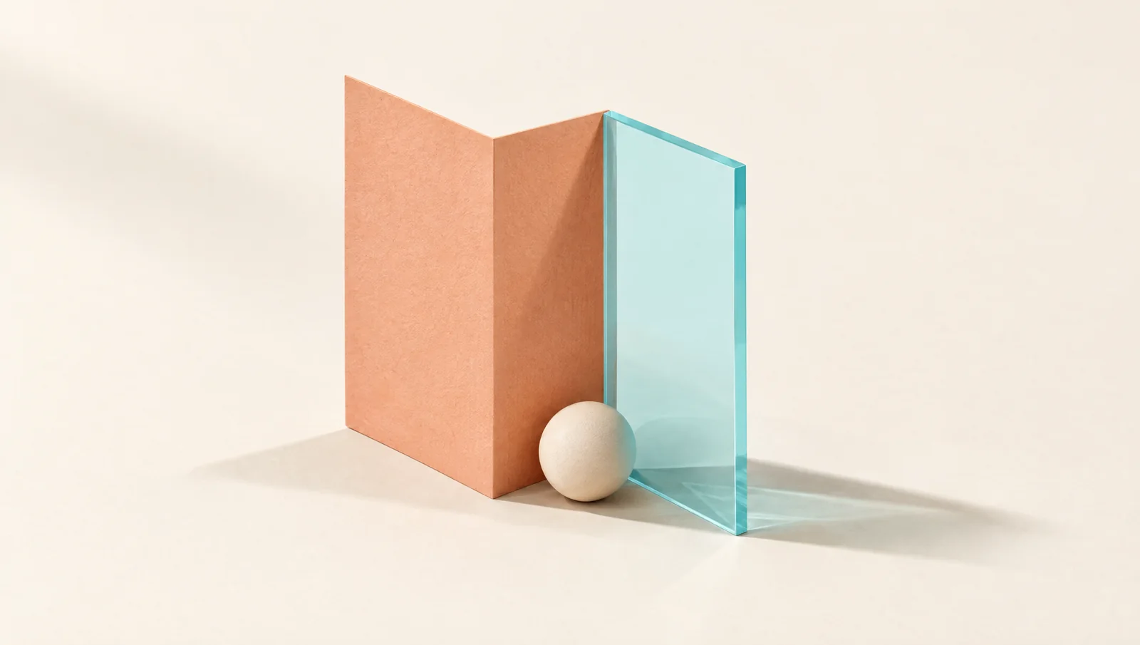 Folded peach paperboard, an aqua acrylic panel and an ivory sphere in a conceptual composition