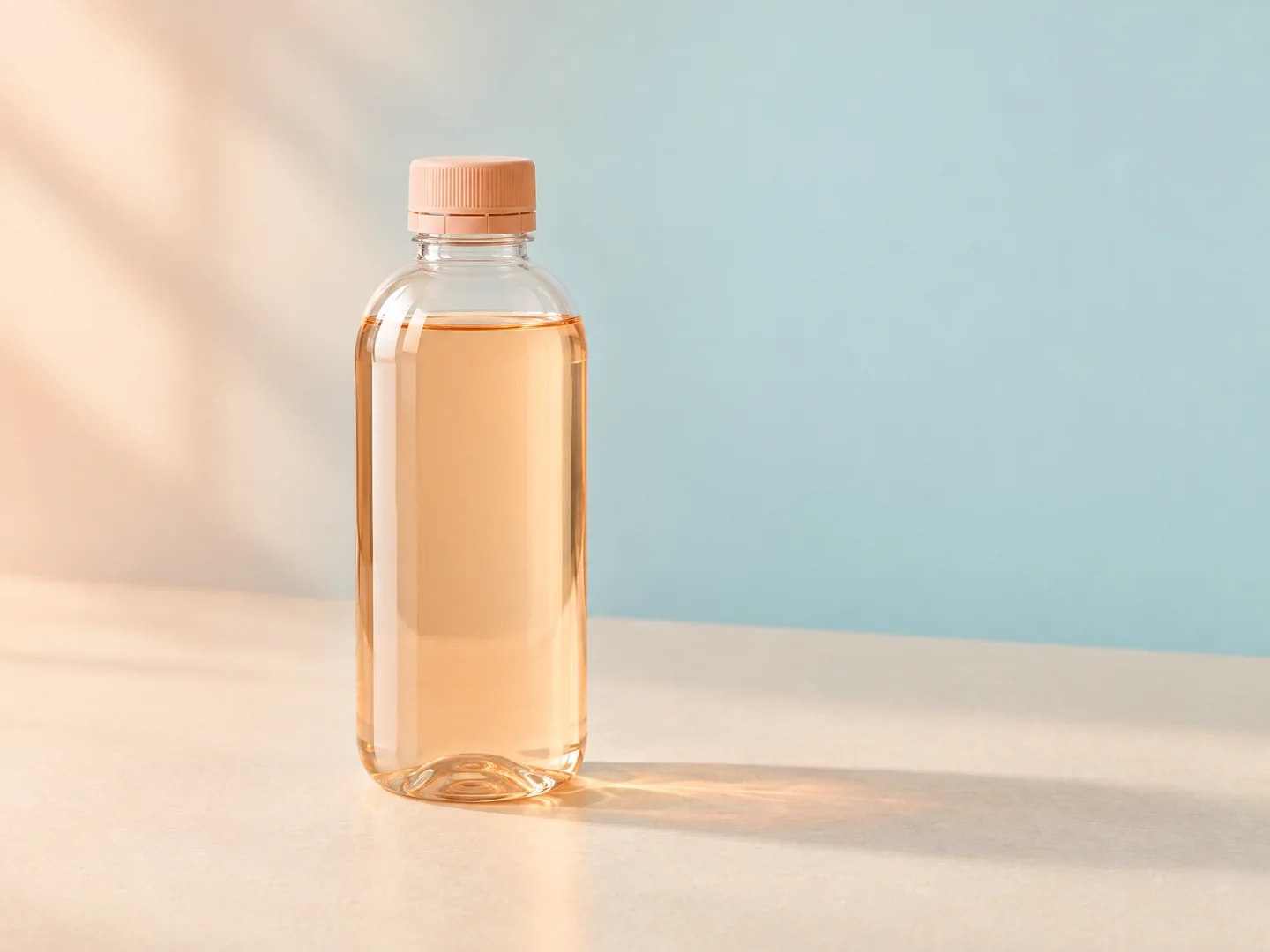 Unbranded 500 ml bottle of pale peach liquid supplement against an aqua background
