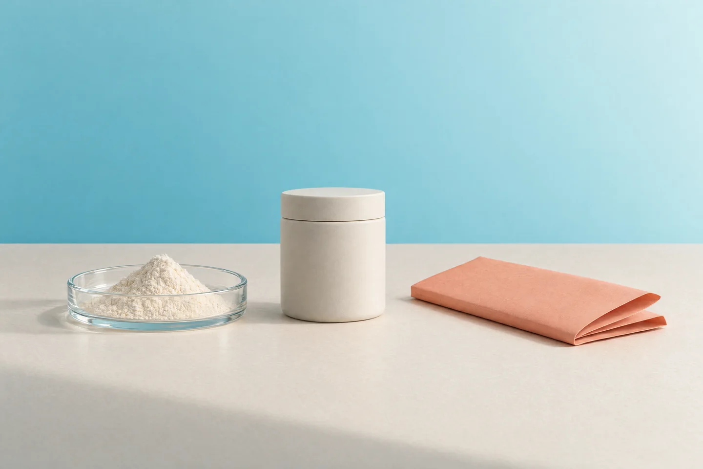 Conceptual arrangement of a powder sample, unbranded jar and peach packaging material