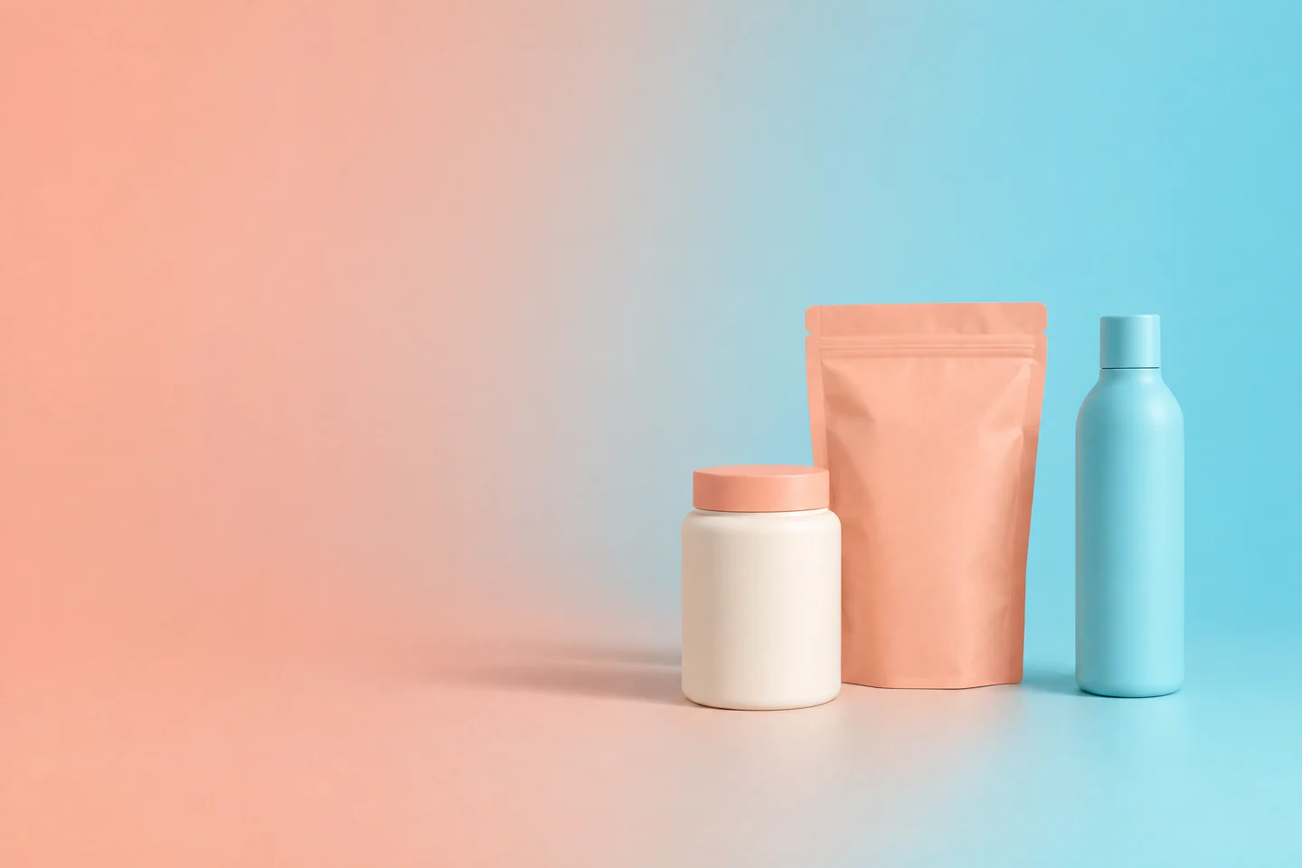 Unbranded ivory supplement jar, peach pouch and aqua bottle arranged with generous space