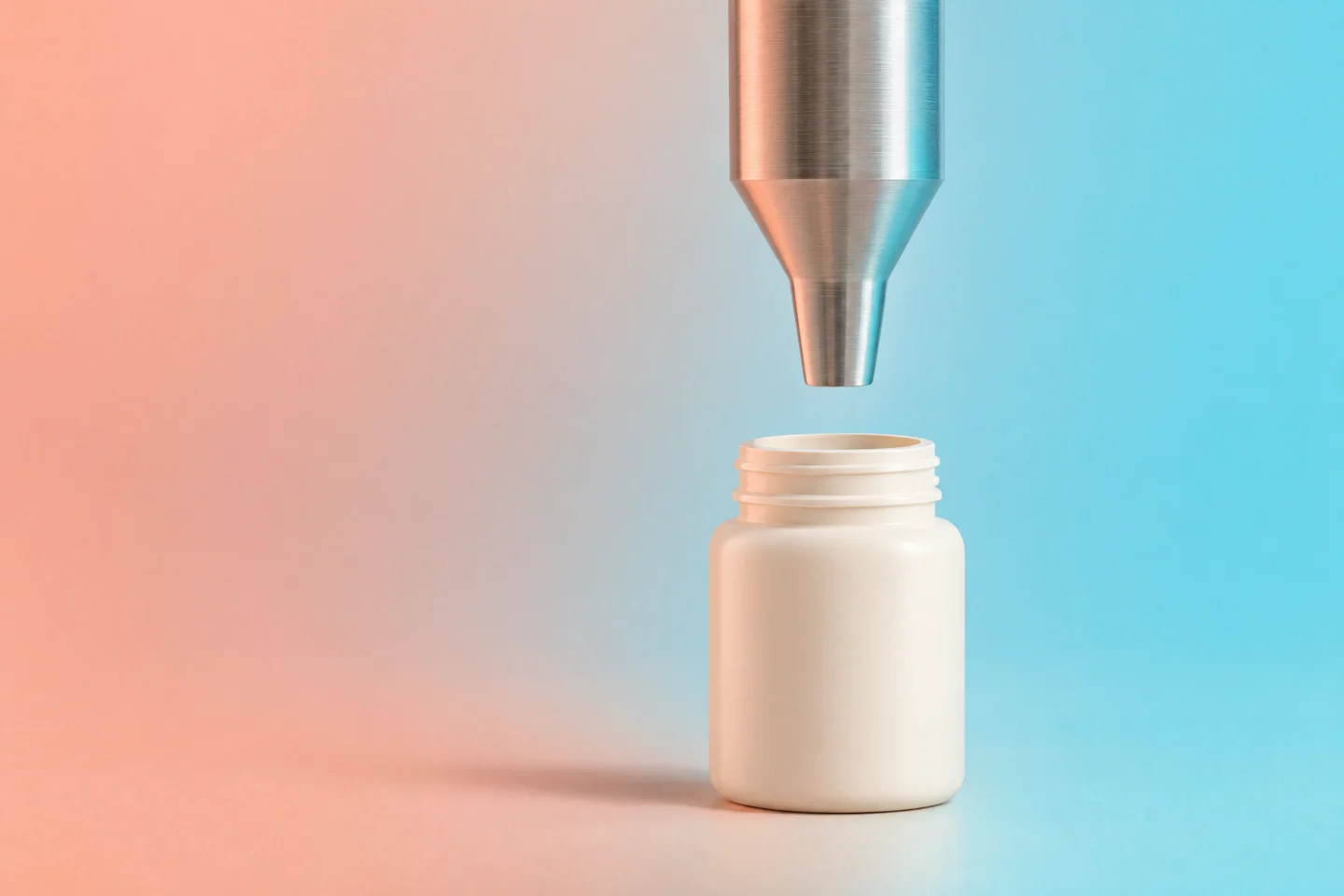 Minimal close-up of precision stainless steel manufacturing components with warm peach and aqua reflections