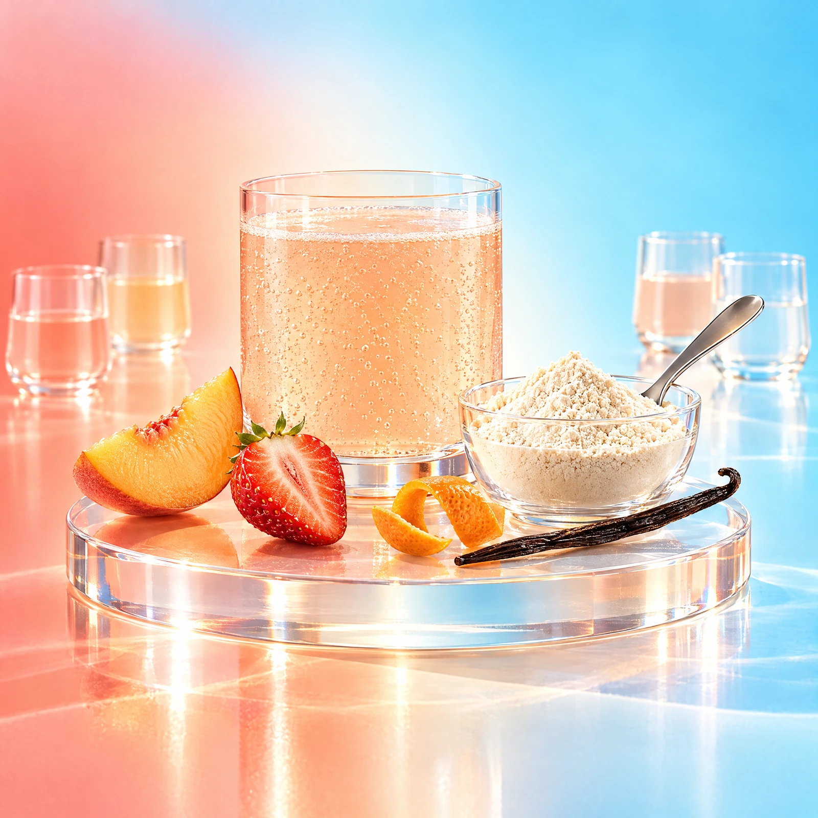 Peach sparkling drink, vanilla powder and fruit arranged on clear glass in a coral and aqua flavour-development composition