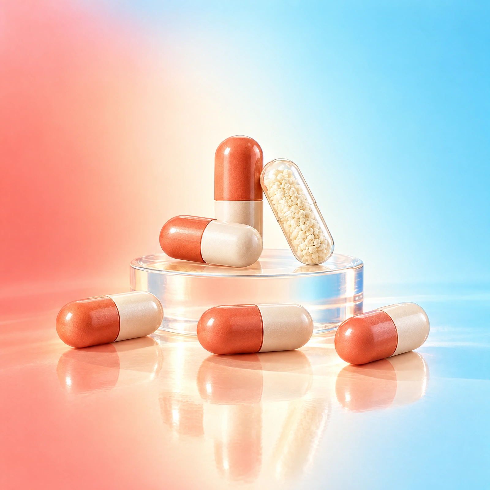 Coral and ivory capsules illustrating a supplement format
