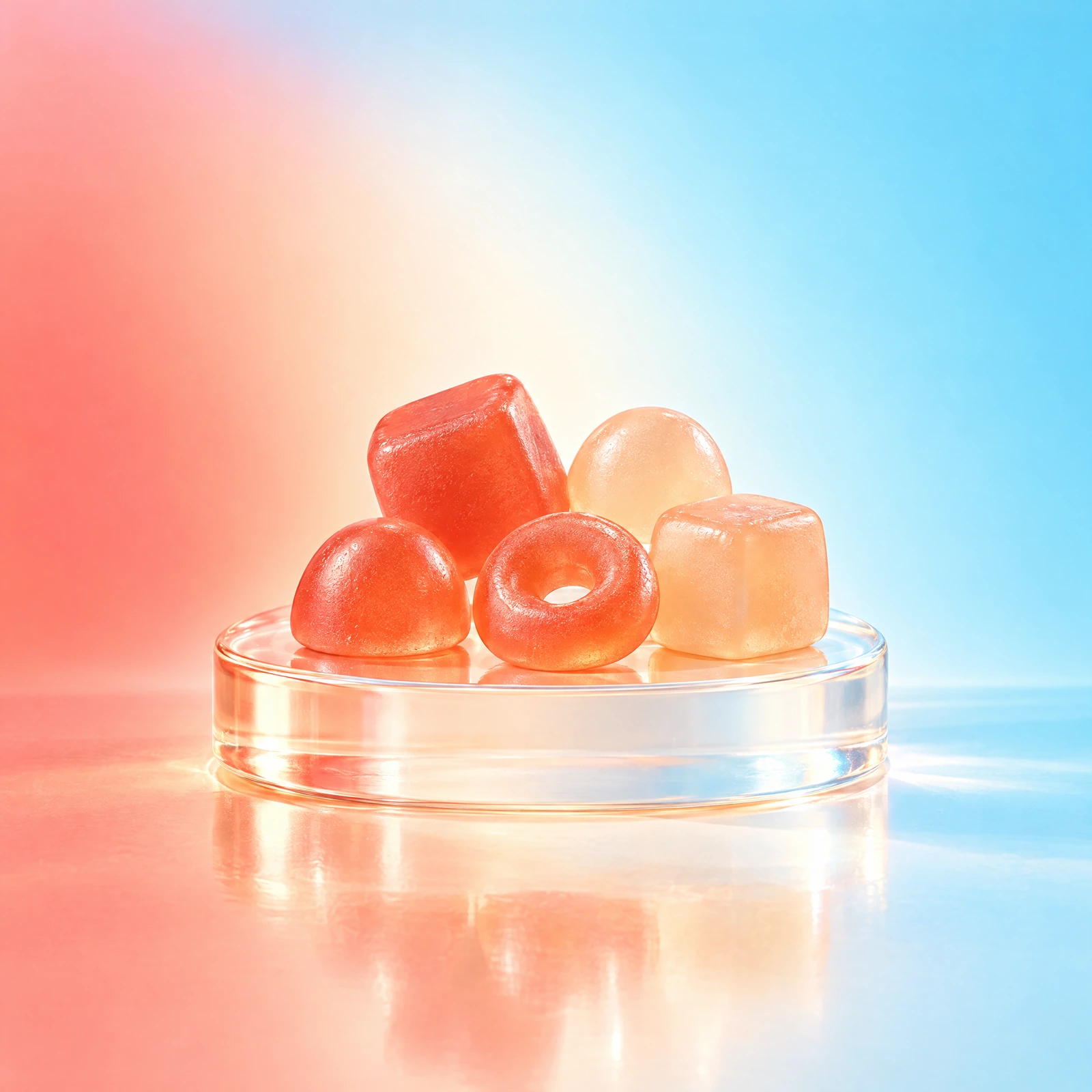 Coral and peach gummy product formats