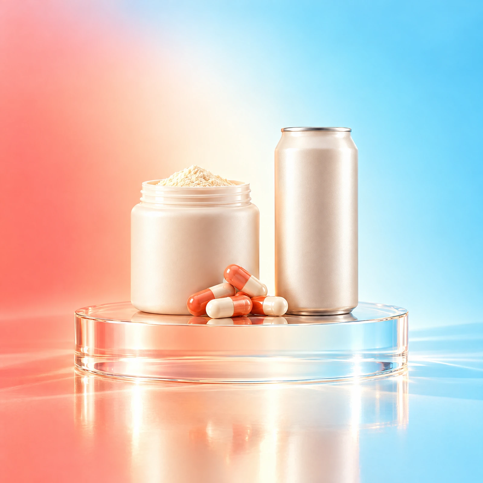 Unbranded powder jar, beverage can and capsules on a clear display