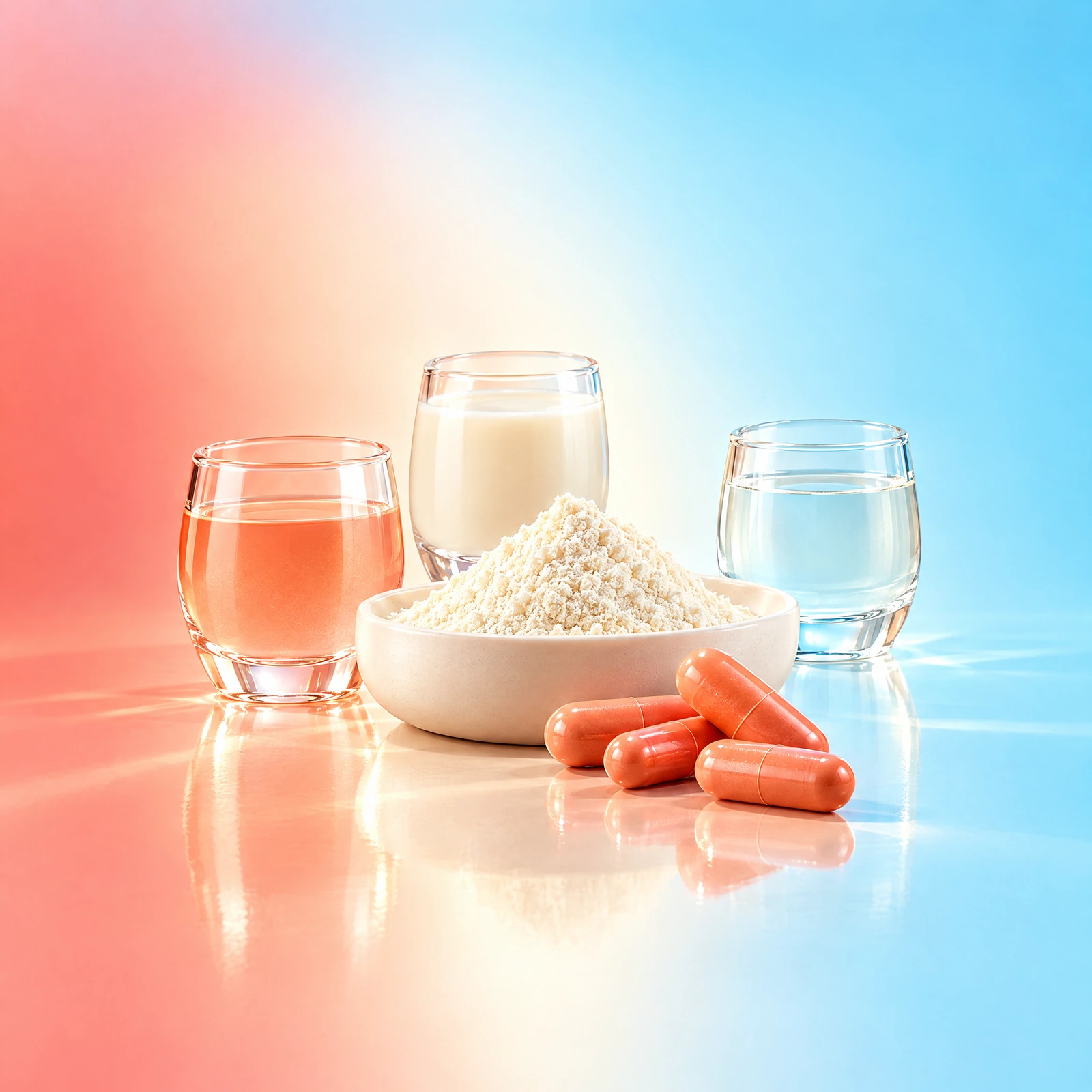 Powder, capsules and drinks arranged as a supplement range concept