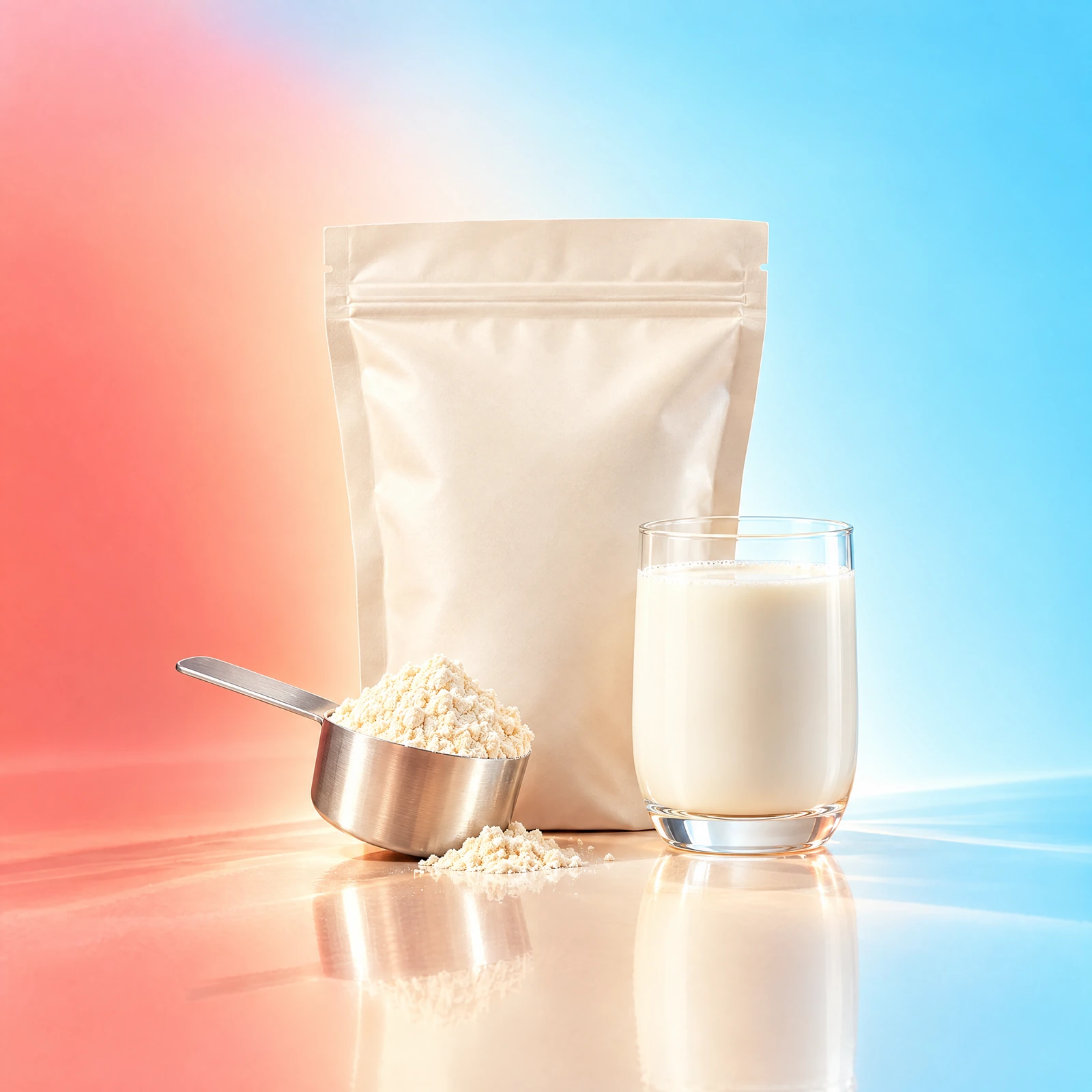 Ivory powder pouch, filled scoop and prepared drink