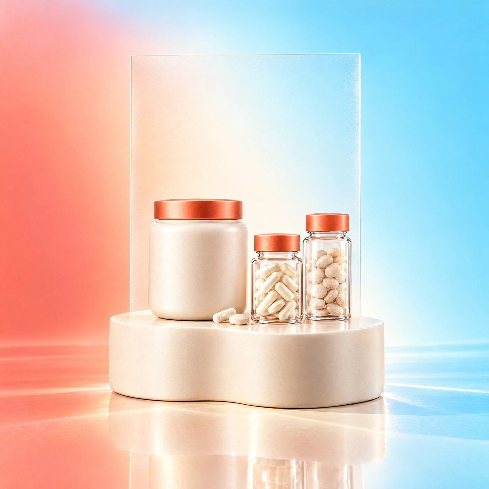 Unbranded supplement jar and glass sample vials