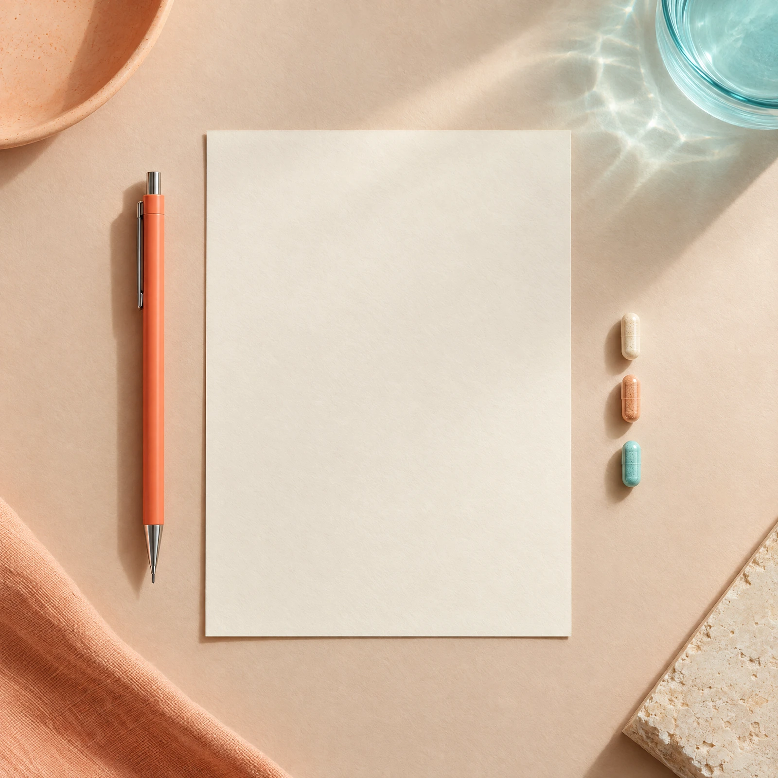 Blank product brief, coral pencil and capsule samples seen from above
