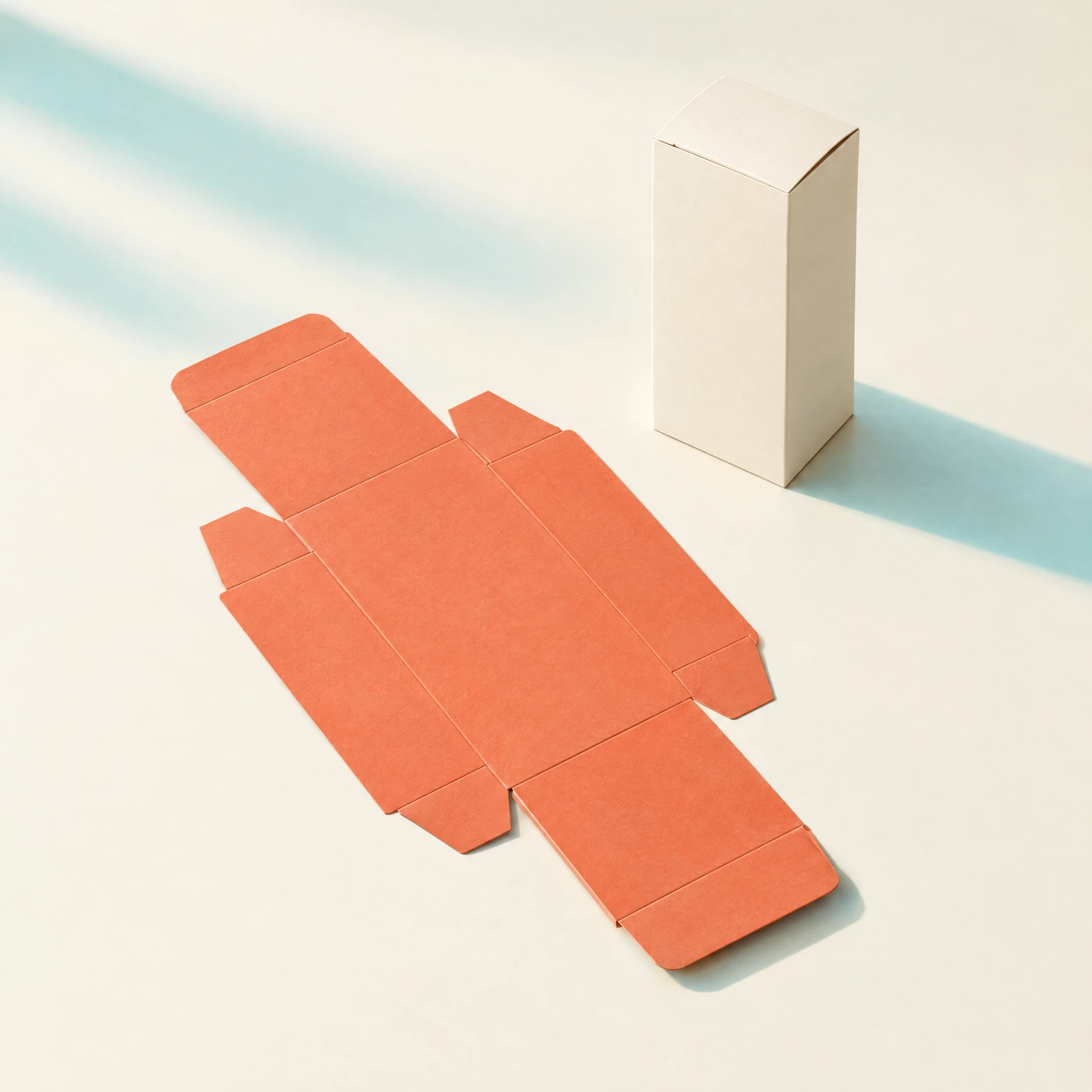 Coral carton dieline beside a finished ivory carton