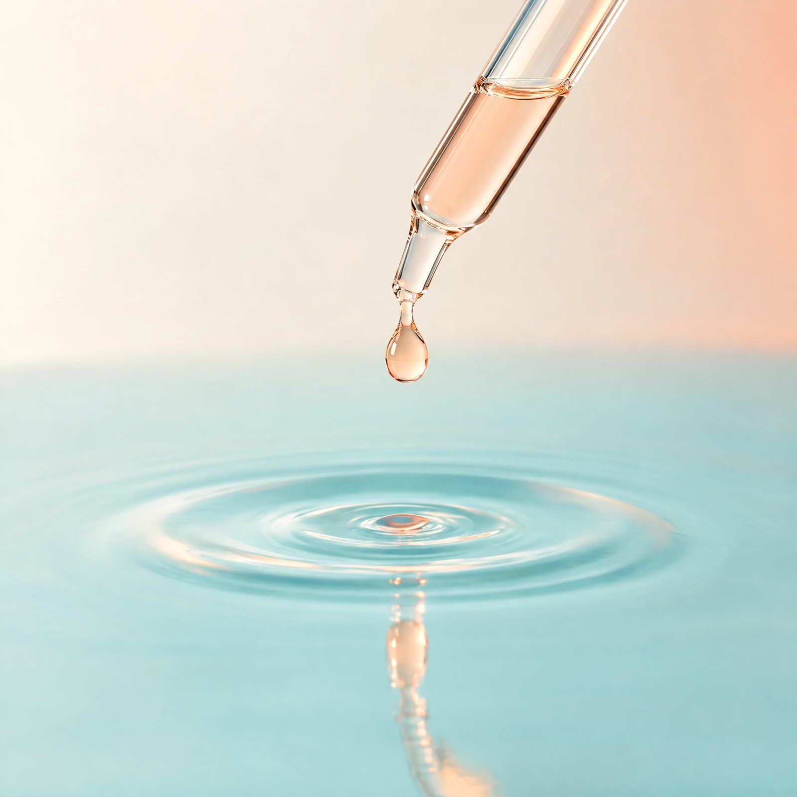 Pipette releasing a peach droplet into a clear liquid surface