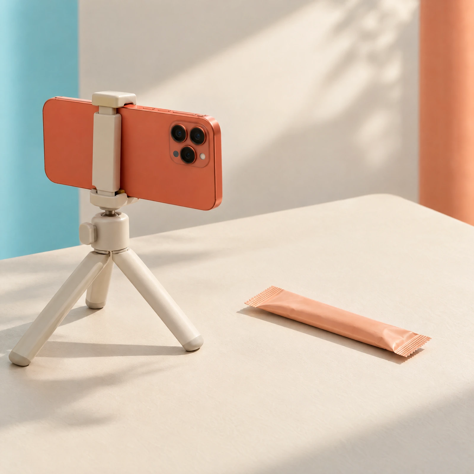 Coral smartphone on a tabletop tripod beside a nutrition sachet