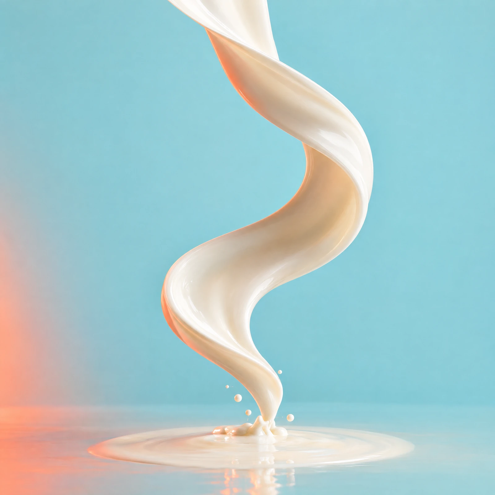 Sculptural milk ribbon against a soft aqua and peach background