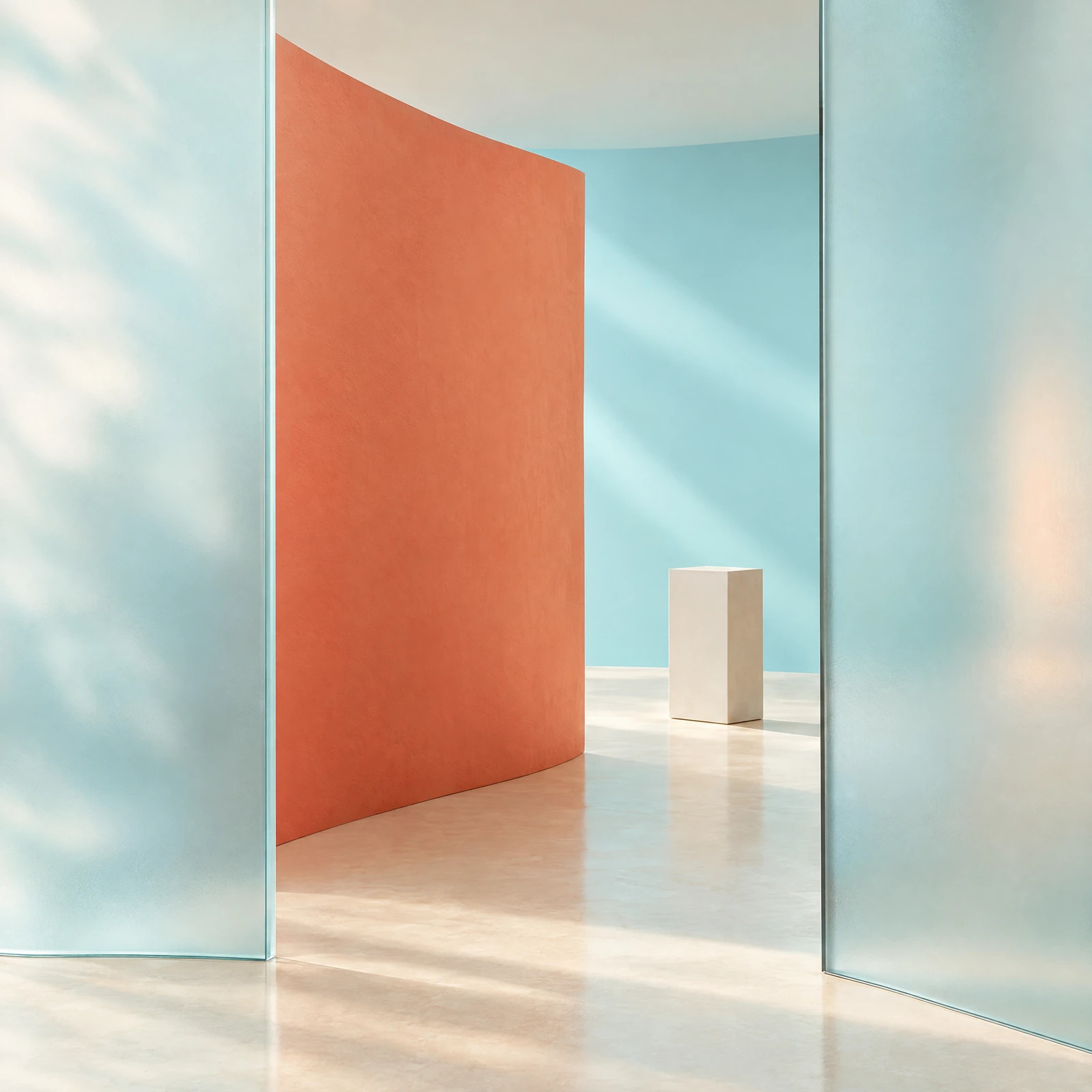 Conceptual exhibition passage with frosted glass and a coral partition