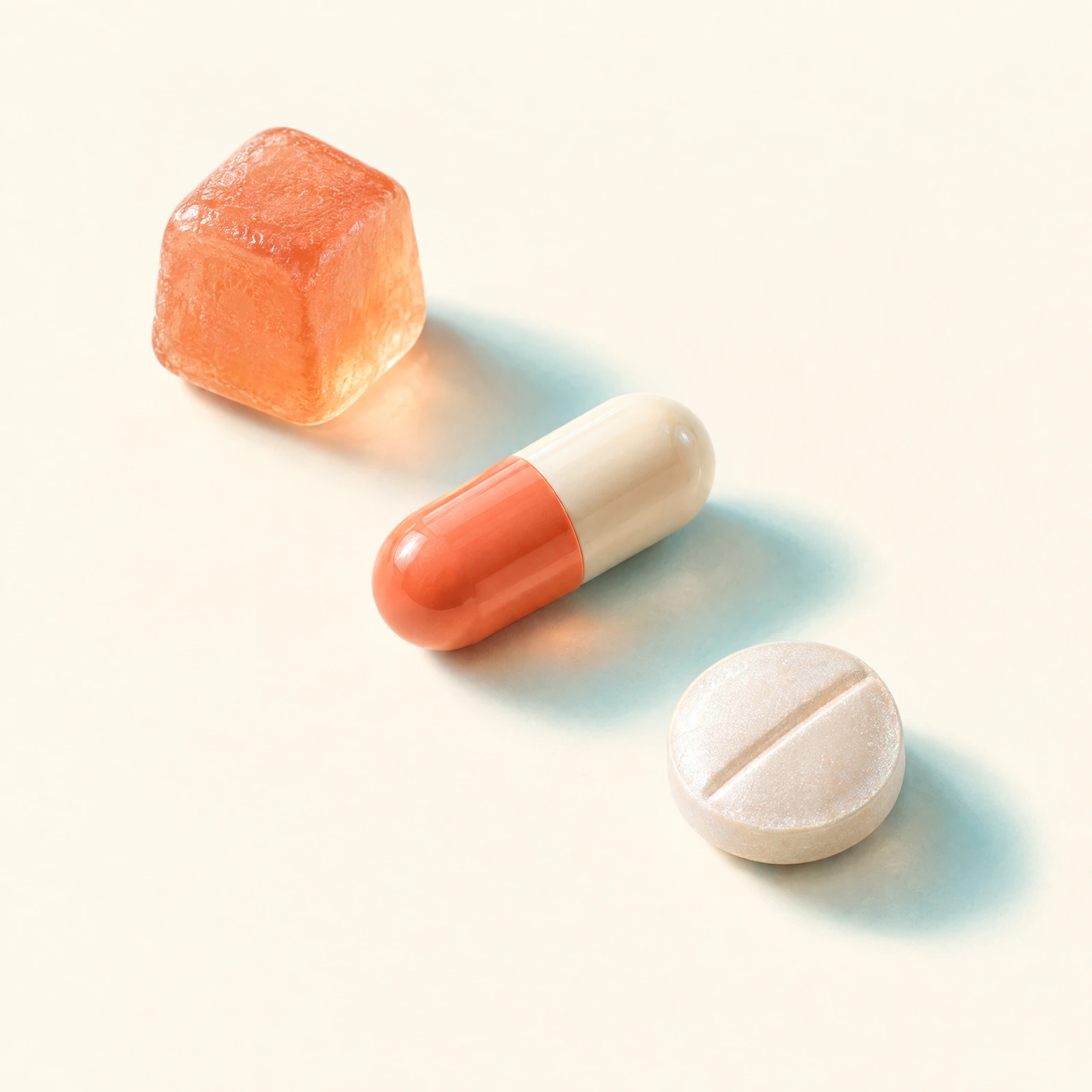 Gummy cube, hard capsule and scored tablet in a diagonal composition