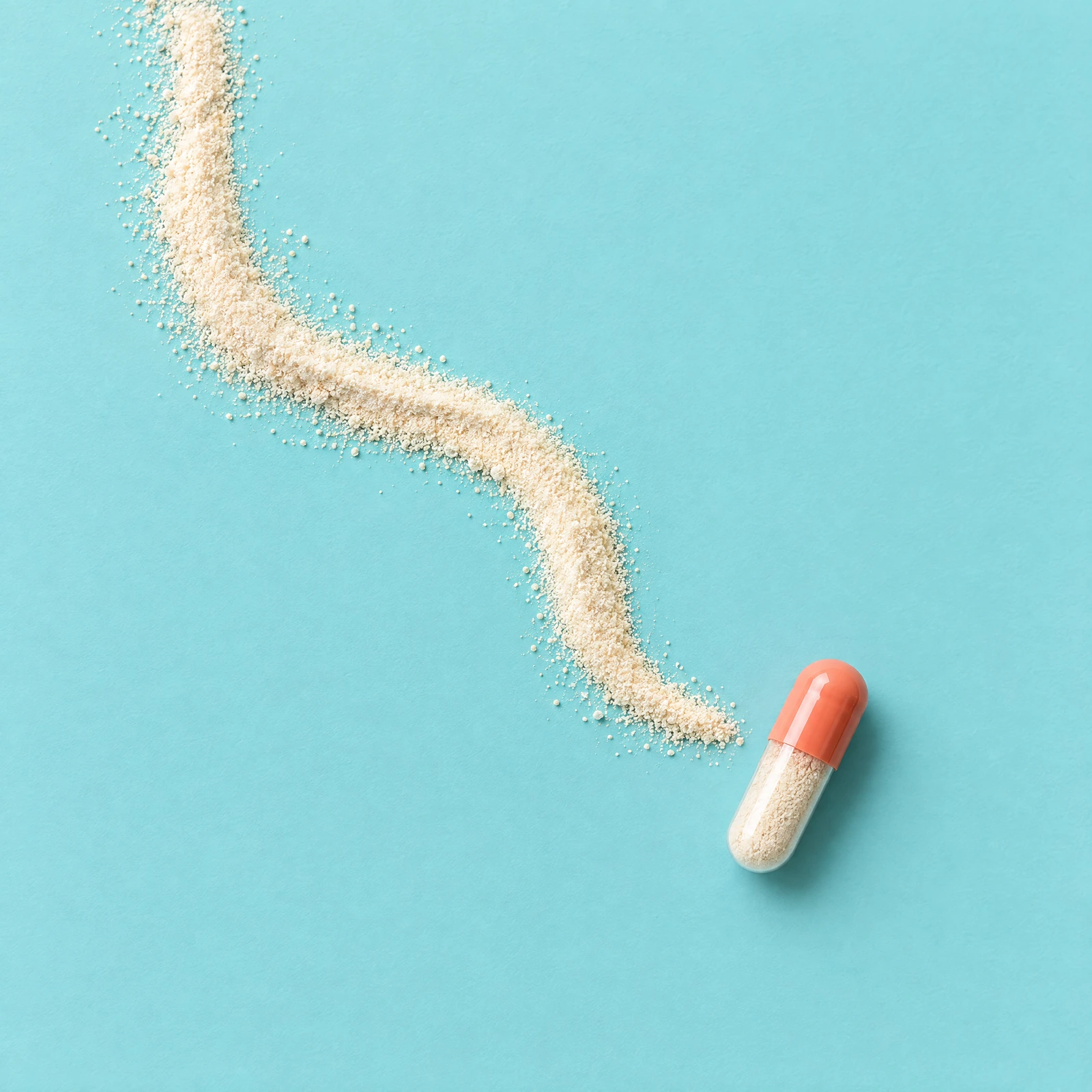 Curved trail of powder ending beside a filled hard capsule