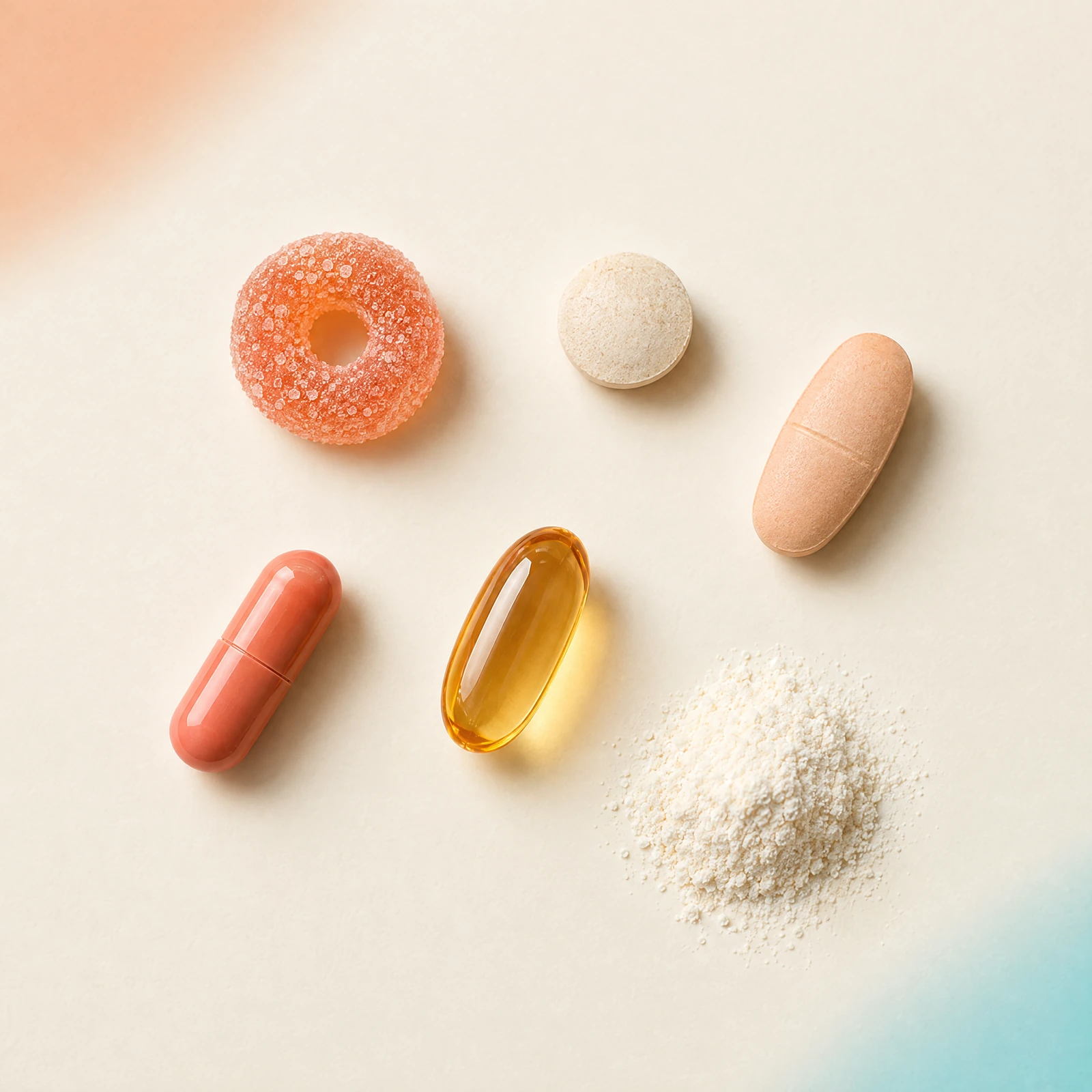 Six supplement formats arranged separately on an ivory surface
