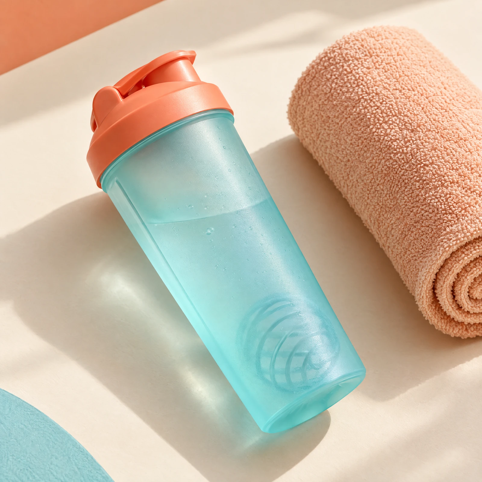 Frosted aqua sports shaker with coral lid and a peach towel