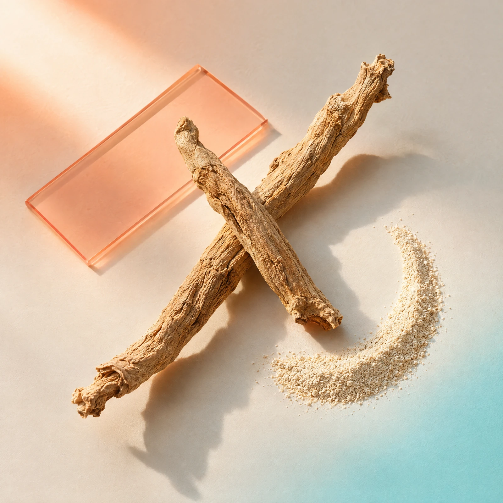 Ashwagandha roots and a crescent of root powder on a glass slide