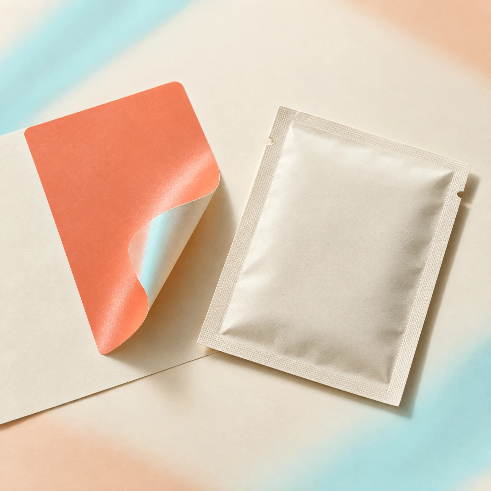 Blank coral label curling from its backing beside an ivory sachet