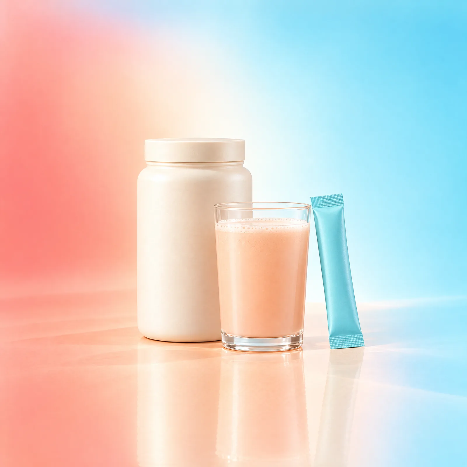 Ivory powder jar, glass of peach drink and aqua sachet on a peach surface against an aqua background
