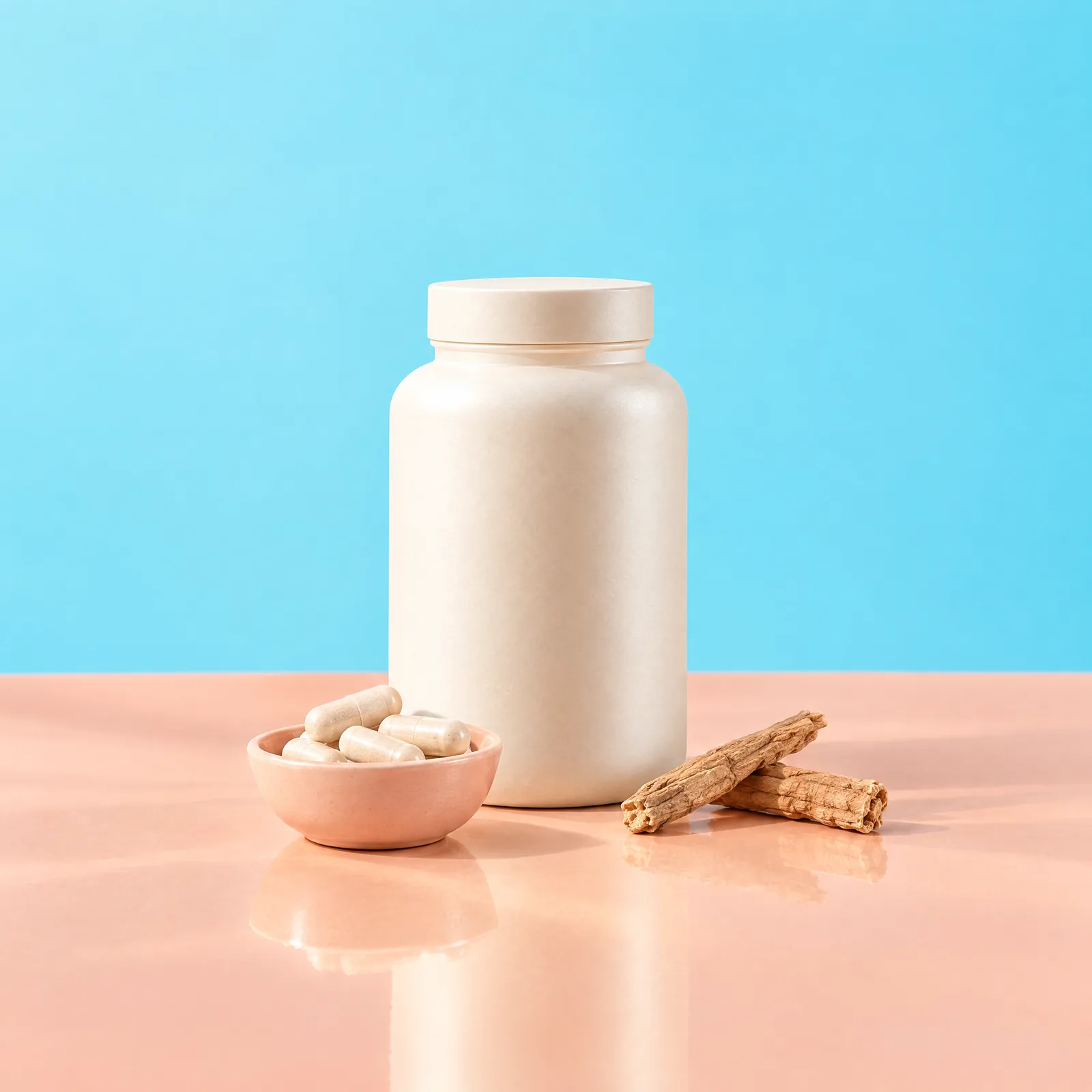 Ivory bottle, capsules in a peach dish and dried botanical roots against an aqua blue background