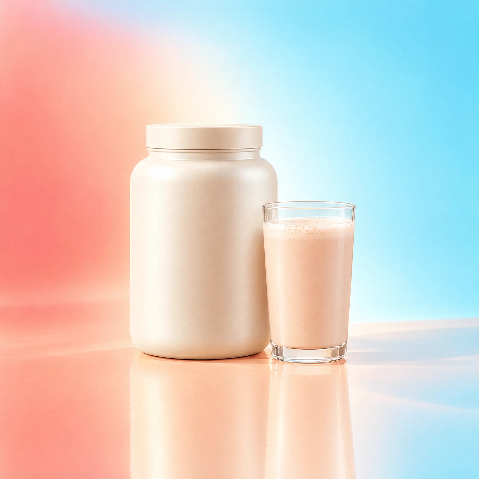 Ivory powder jar beside a clear glass of pale peach drink on a peach and aqua background