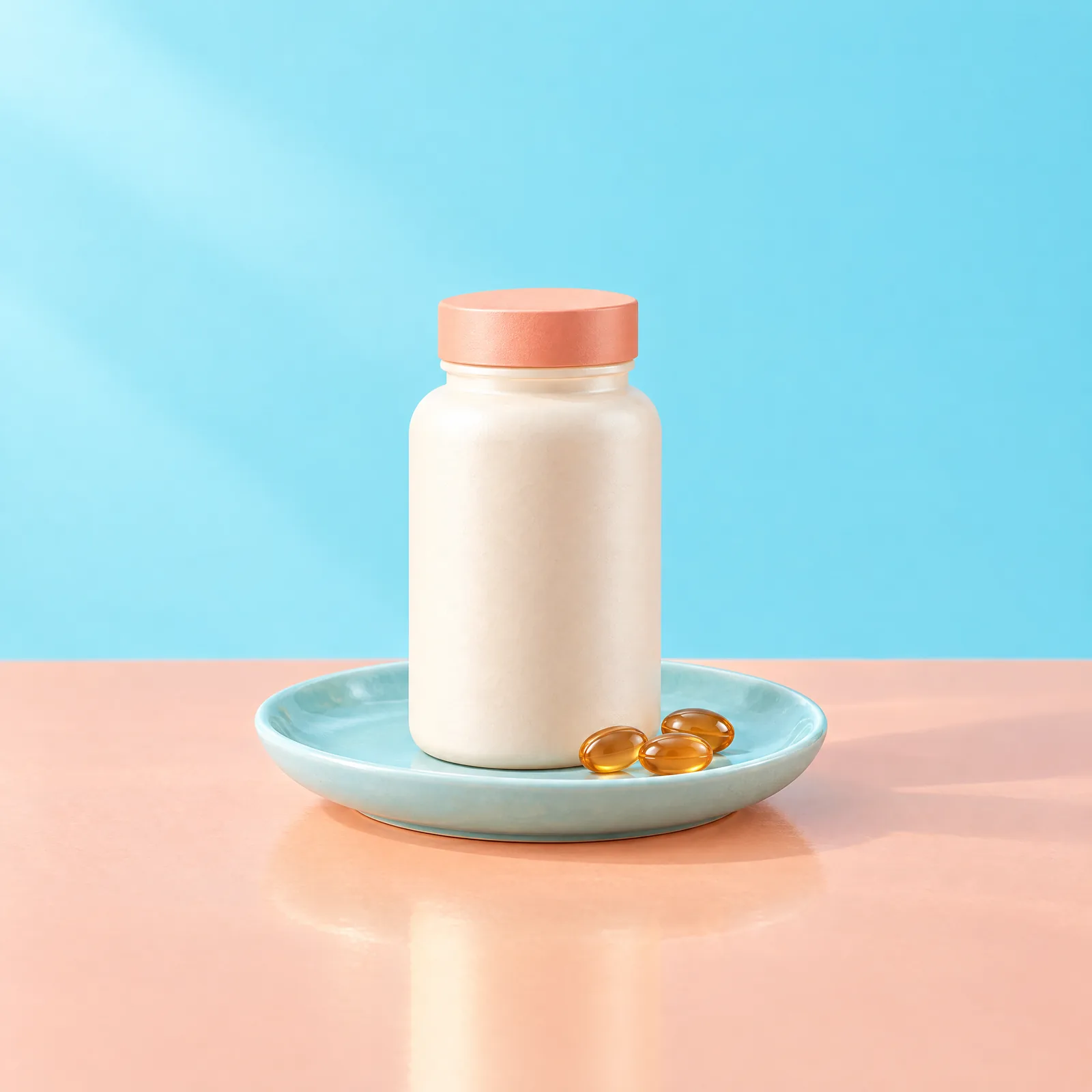 Ivory bottle with peach cap and amber softgels on an aqua saucer in a peach and aqua studio setting