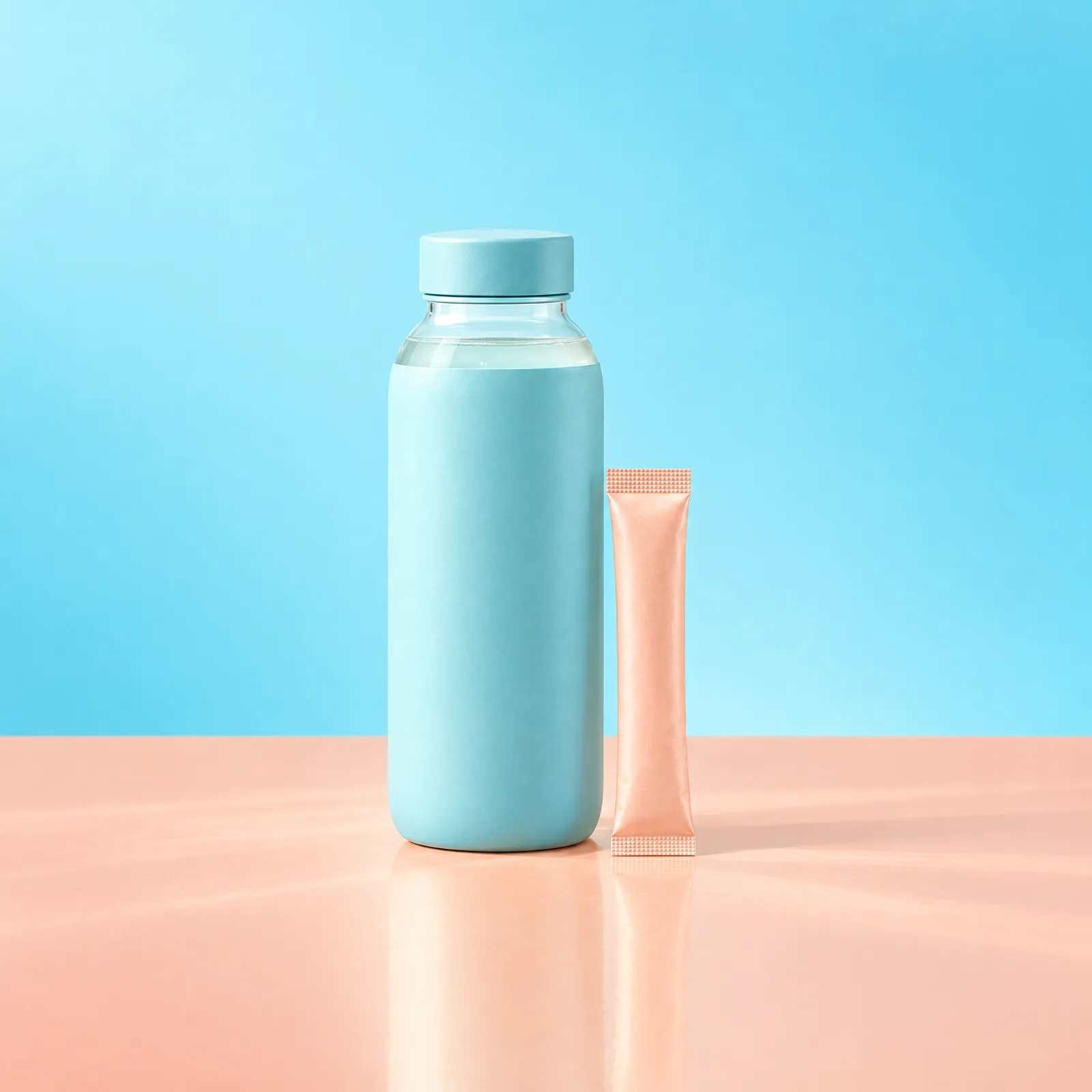 Aqua bottle and a narrow peach powder sachet on a peach surface against an aqua background