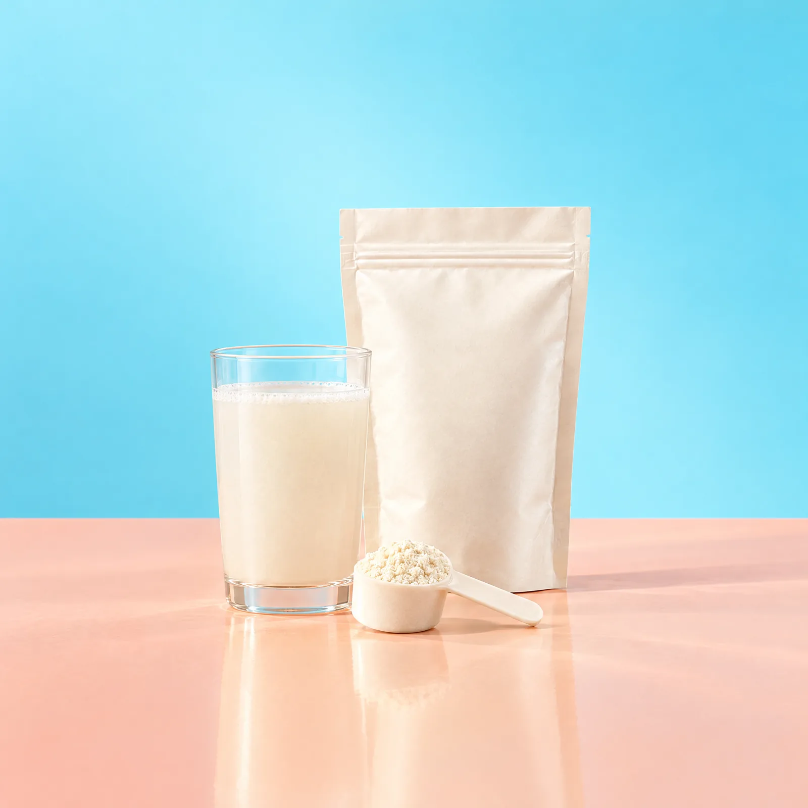 Ivory powder pouch, measuring scoop and glass of cloudy drink in a peach and aqua studio setting