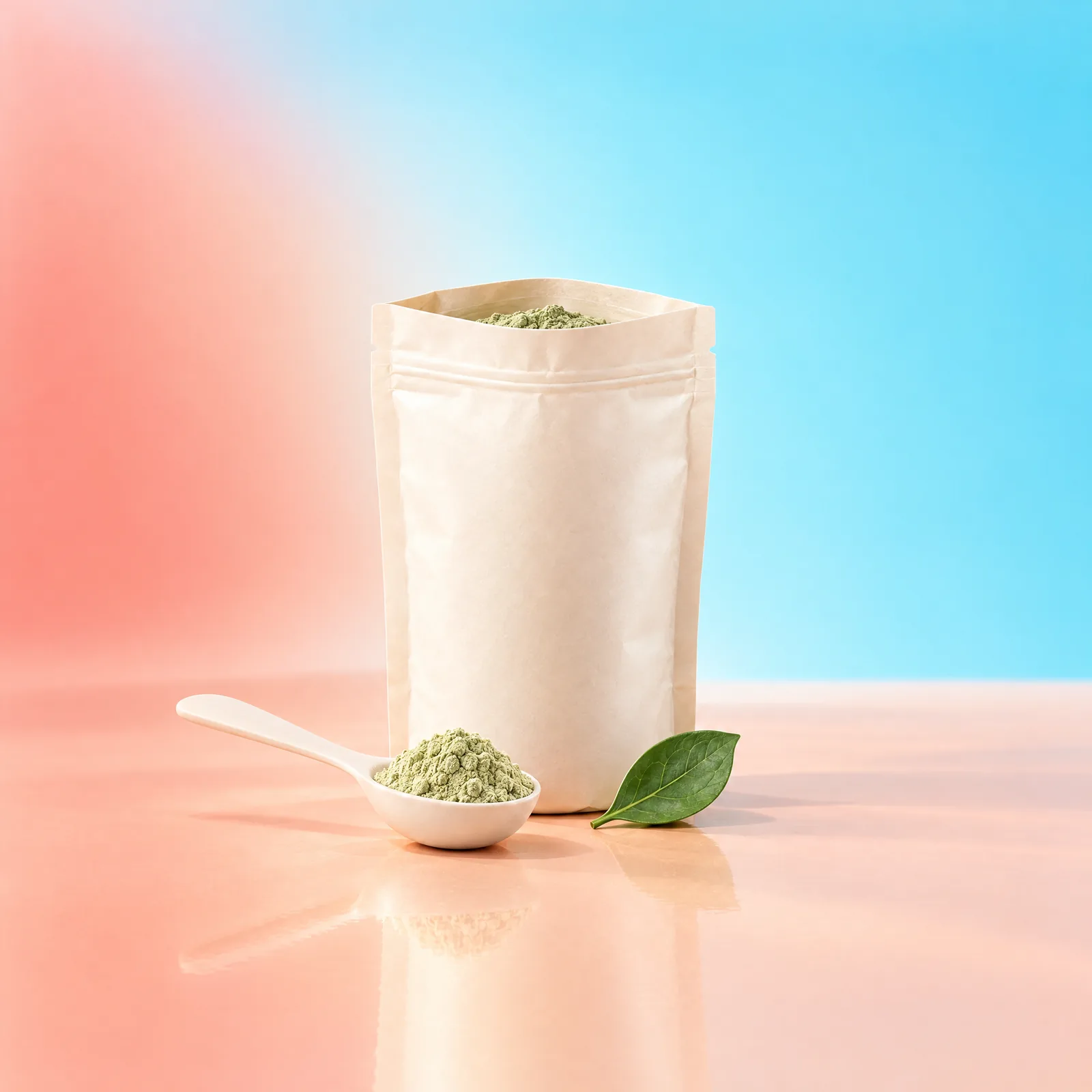Ivory pouch, spoon of pale green powder and one leaf in a peach and aqua studio setting