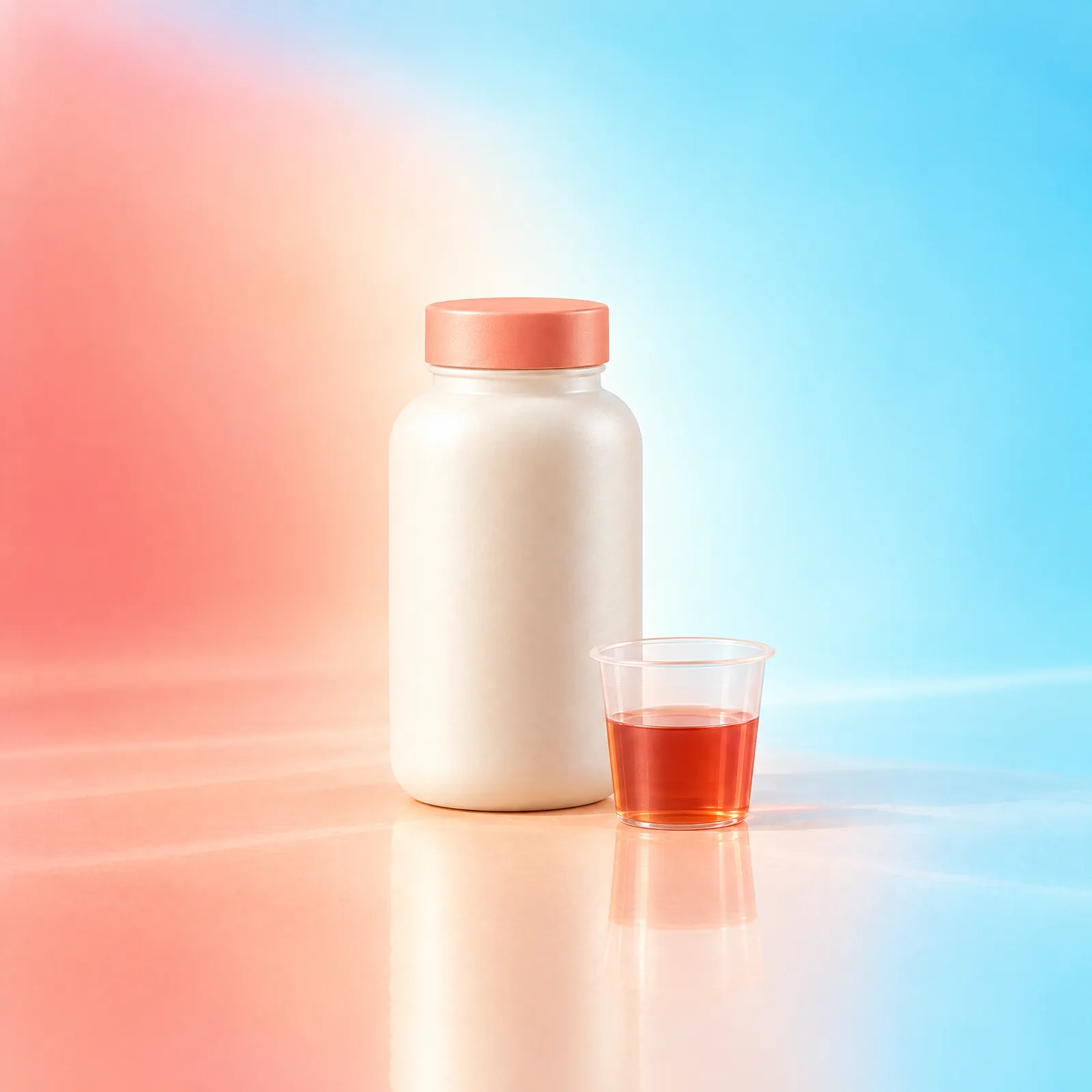 Ivory liquid supplement bottle with peach cap and a small cup of amber liquid against aqua blue