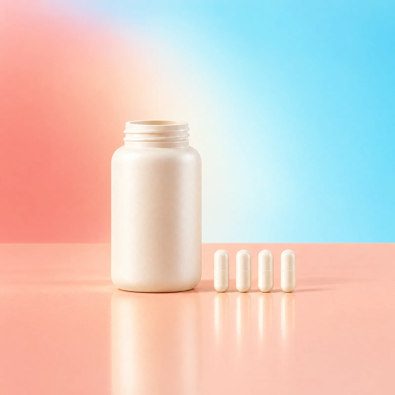 Ivory supplement bottle and four capsules arranged on a peach surface against aqua blue
