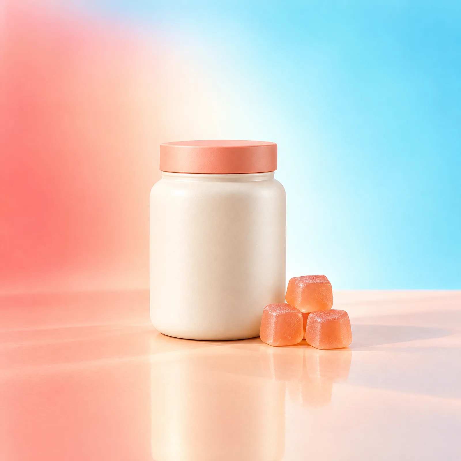 Ivory gummy jar with peach lid and three peach gummy cubes on a peach surface against aqua blue