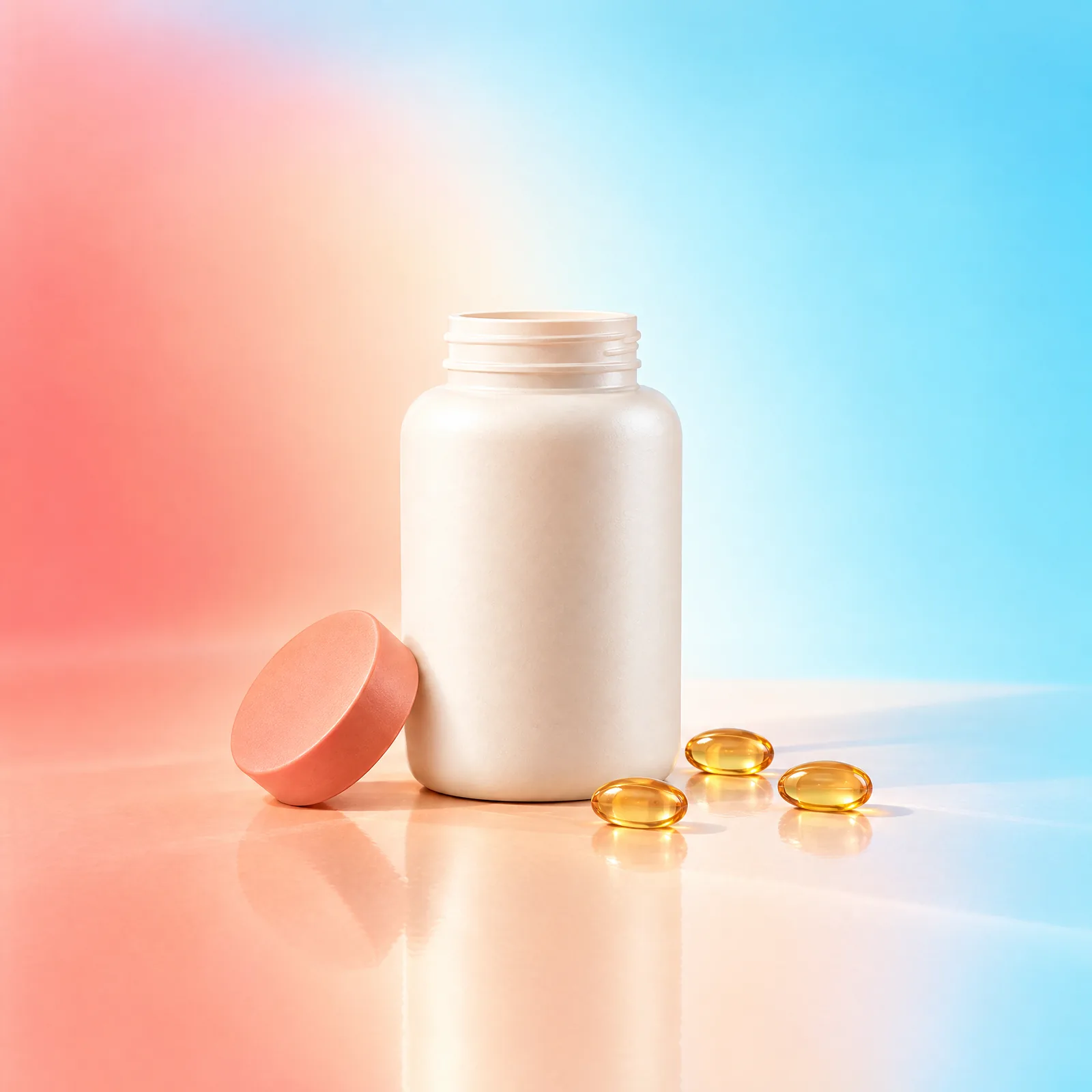 Ivory bottle with peach cap and three amber softgels on a peach surface against aqua blue