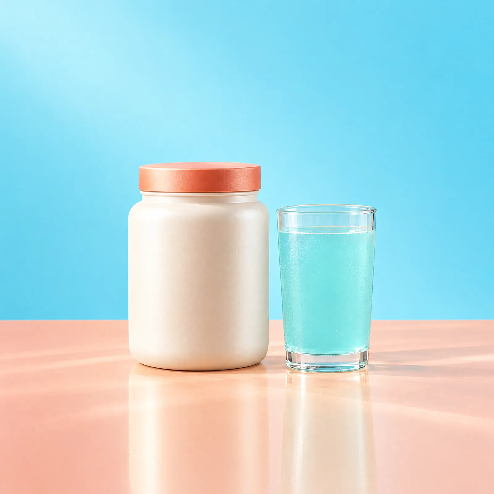 Ivory powder tub with peach lid beside an aqua drink in a clear glass on a peach surface