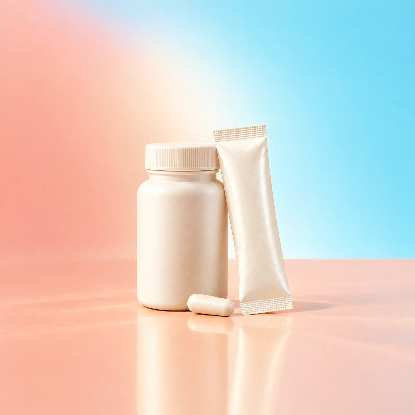 Ivory capsule bottle, plain sachet and one capsule on a peach surface with an aqua background