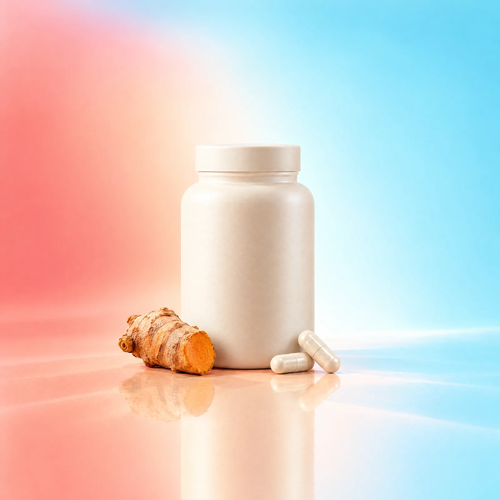 Ivory bottle, two capsules and a turmeric root piece on a peach surface against aqua blue