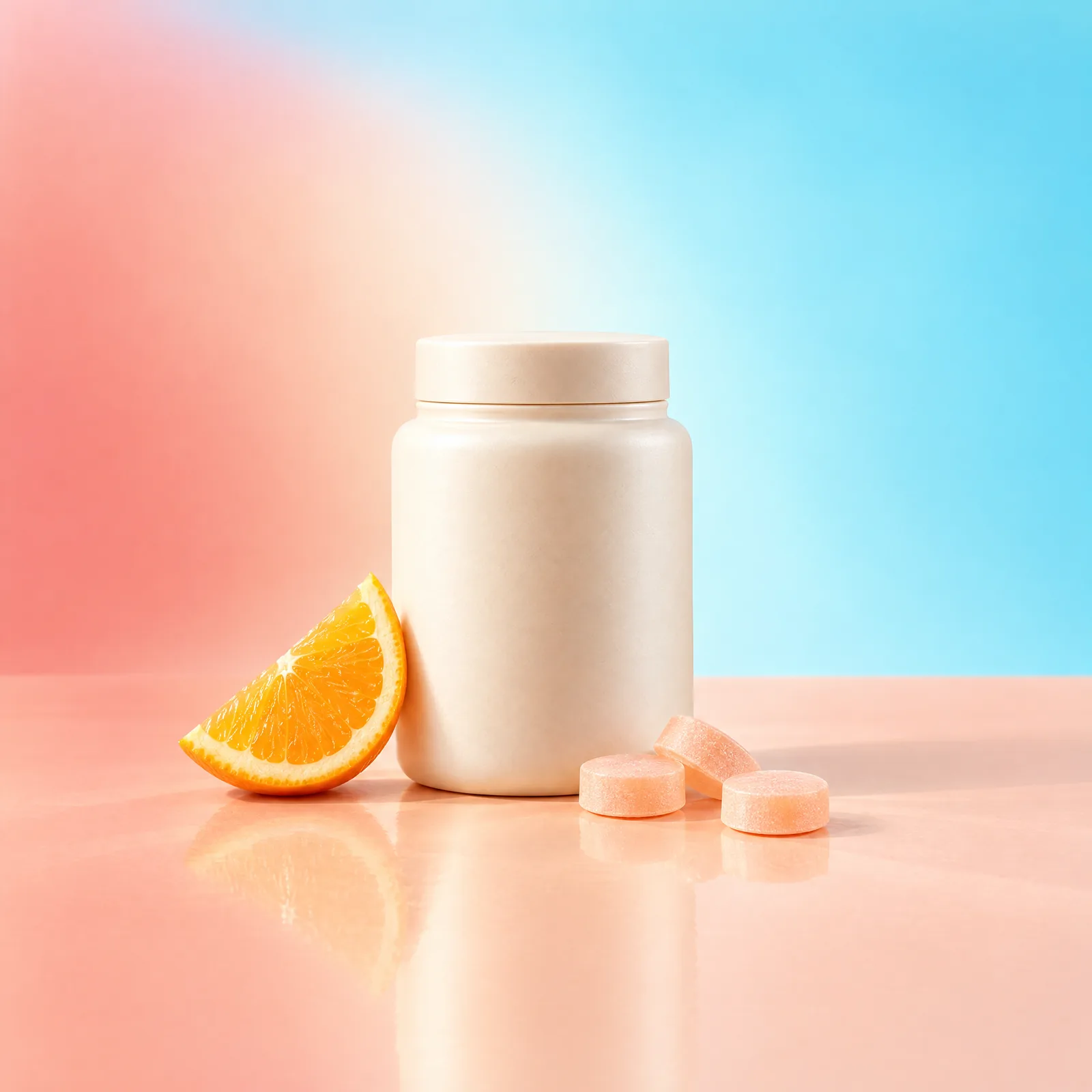 Ivory jar, peach chewable discs and an orange wedge on a peach surface against aqua blue