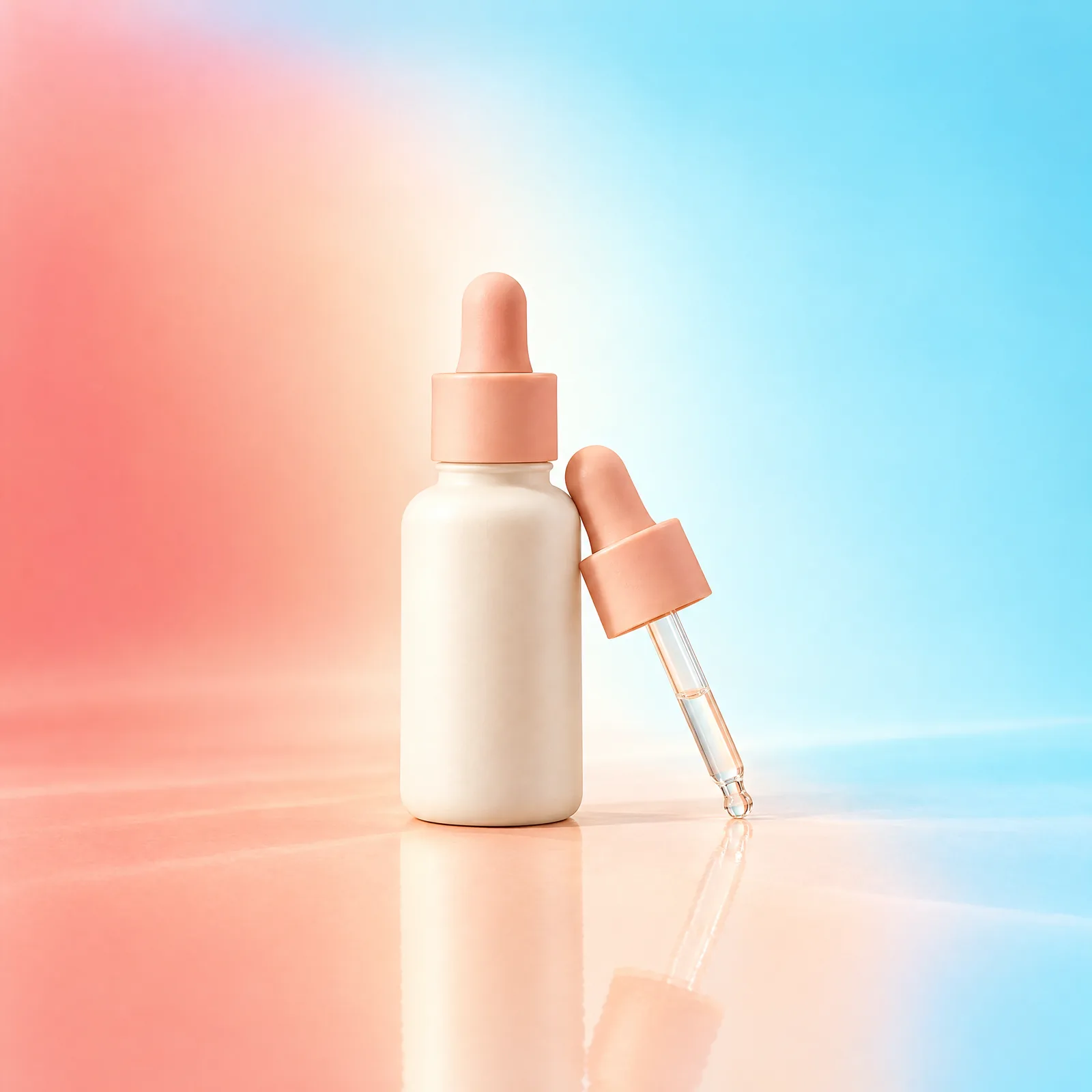 Small ivory dropper bottle with peach cap and glass pipette in a peach and aqua studio setting