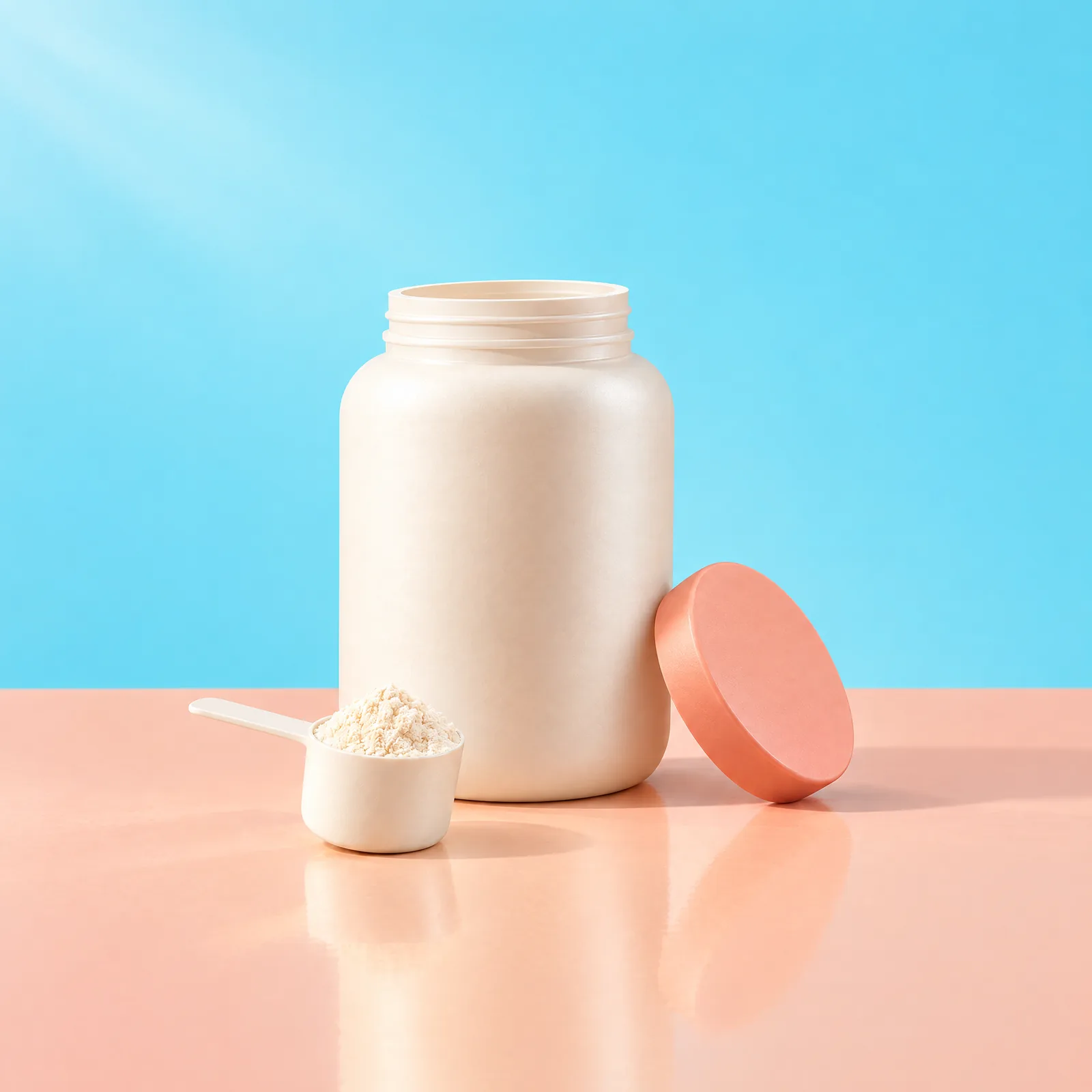 Open ivory powder tub with a peach lid and an ivory scoop on a peach surface against aqua blue