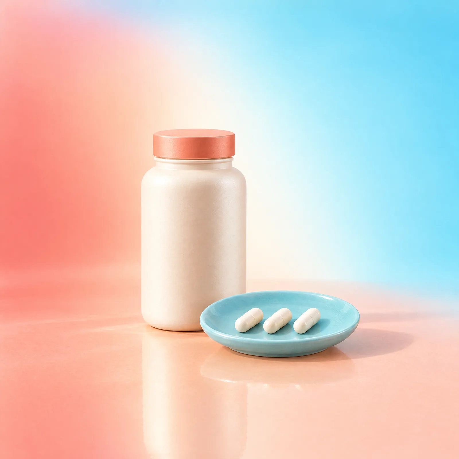 Ivory bottle with peach cap and capsules on an aqua dish in a peach and aqua studio setting